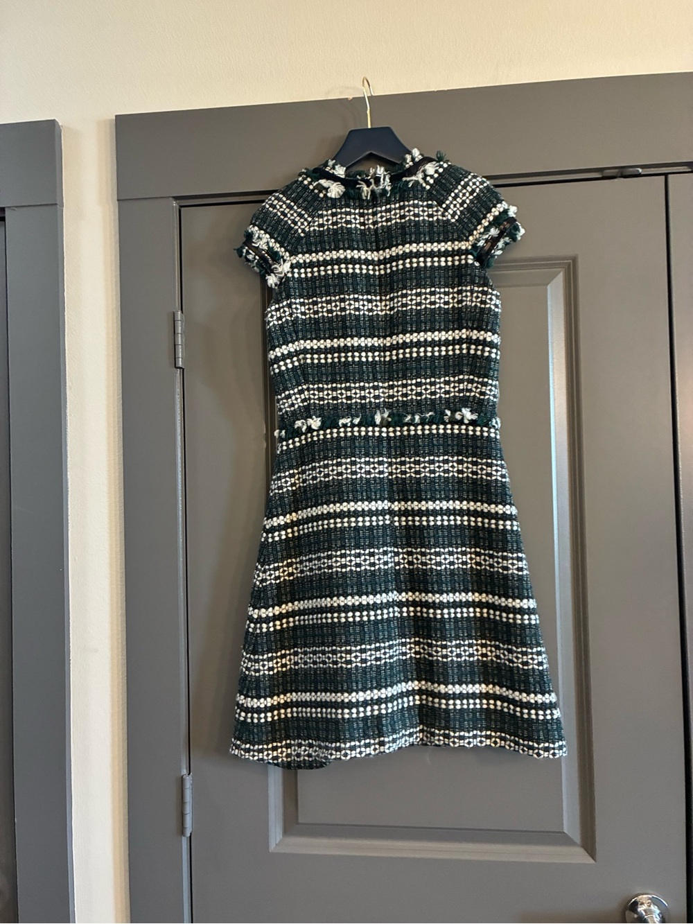 Tory Burch Green and White Tweed Fringe Dress With Sequins at Neck and Arms - Picture 4 of 7